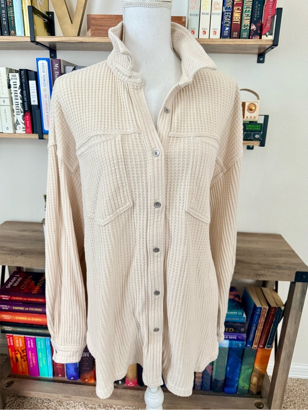 Aerie Women's Cream Waffle-Knit Button Front Shirt Jacket